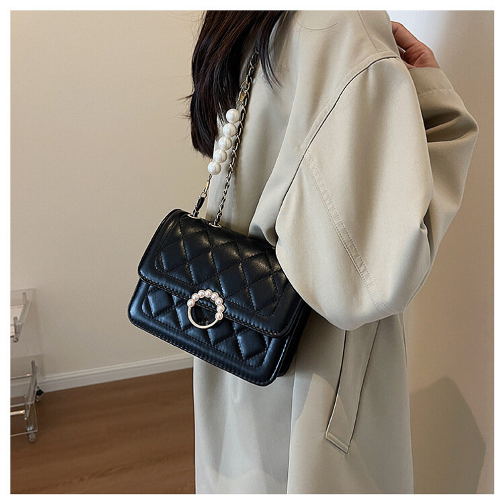 Сумка женская летняя стеганая с жемчугом, черный