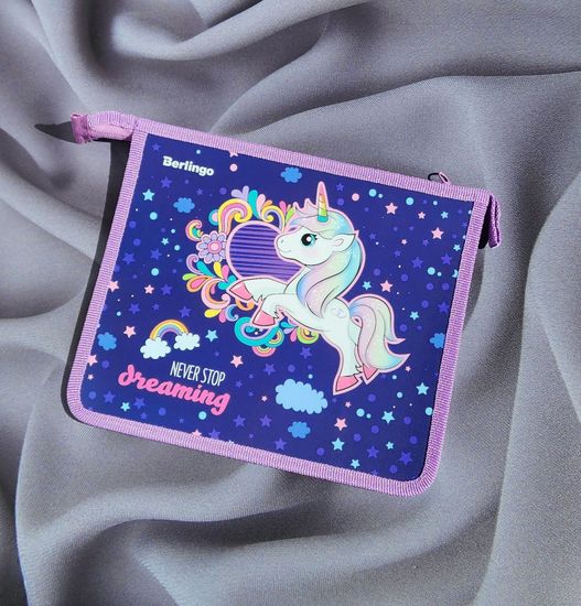 Папка на молнии А5 ПВХ Единорог, синяя