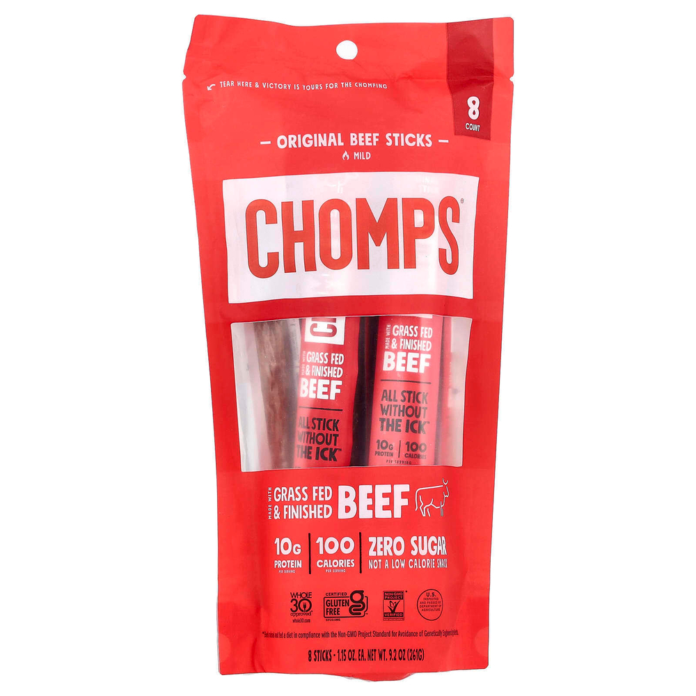 Chomps, оригинальные говяжьи палочки, неострый вкус, 8 палочек по 32 г (1,15 унции)