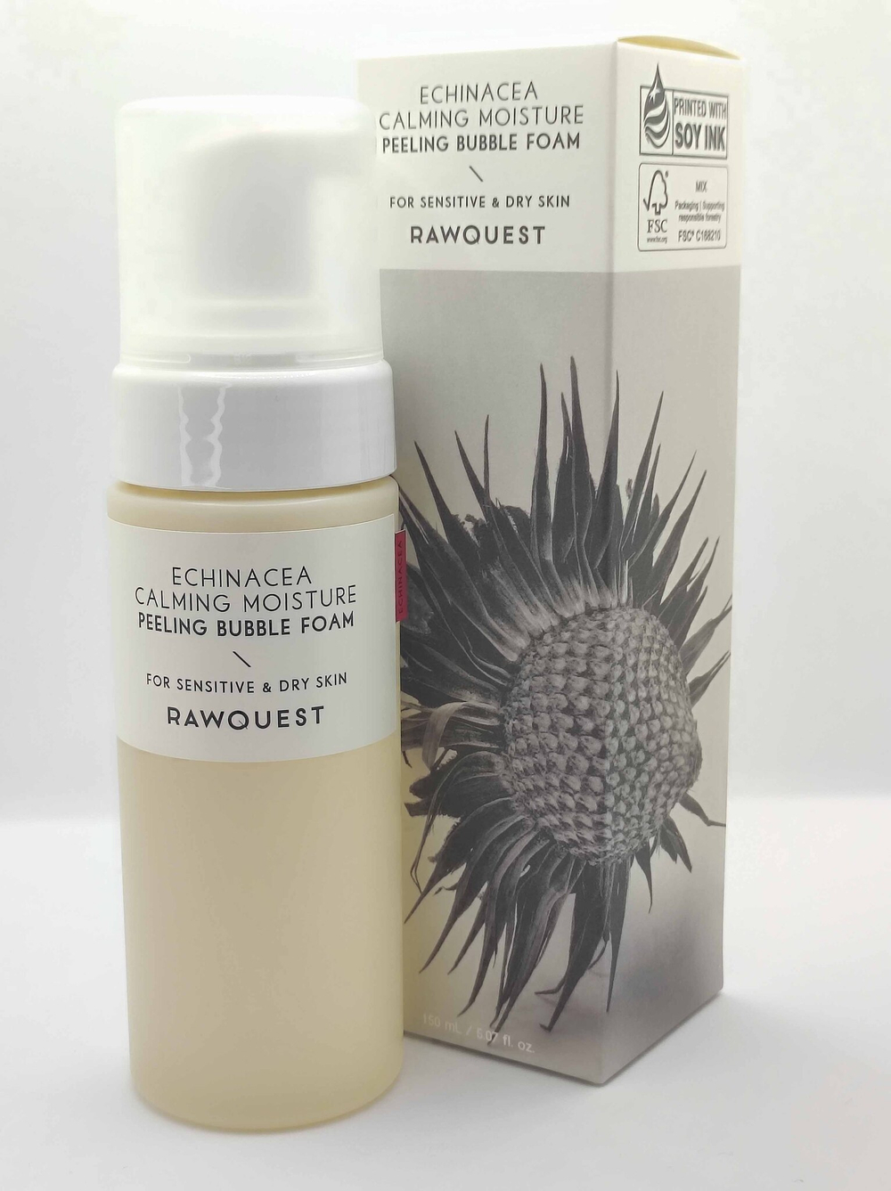 Успокаивающая кислородная пилинг-пенка с эхинацеей RAWQUEST Echinacea Calming Moisture Peeling Bubble Foam для чувствительной кожи, увлажнение,мягкое отшелушивание AHA/PHA ,150 мл