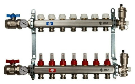 Коллектор Stout 1" x 3/4" на 7 контуров с расходомерами в сборе (нерж. сталь) SMS-0907-000007