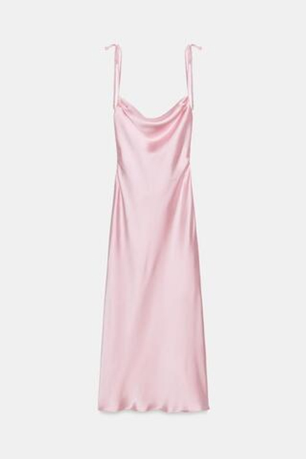 ZARA АТЛАСНОЕ ПЛАТЬЕ МИДИ НА БРЕТЕЛЯХ С БАНТАМИ, РОЗОВЫЙ