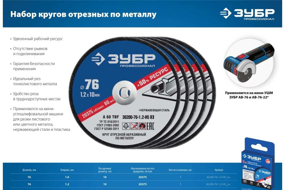 Отрезные круги по металлу ЗУБР X-2 5 шт, 76x1x10 мм, 5 шт 36200-76-1.0-H5_z03