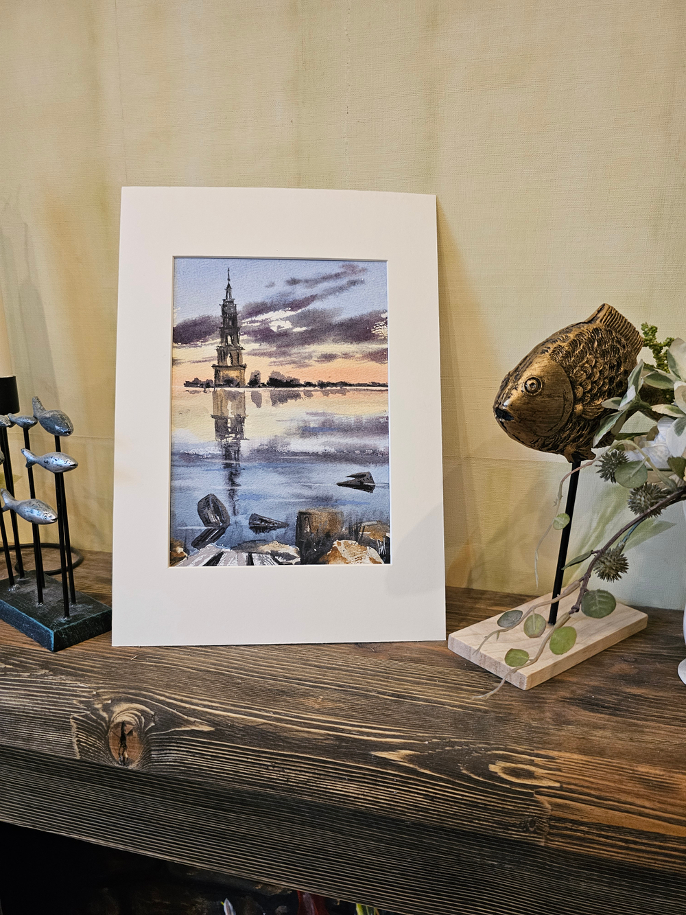 Картина авторская акварельная в паспарту 21х30 см на стену для интерьера "Вечерний Калязин"