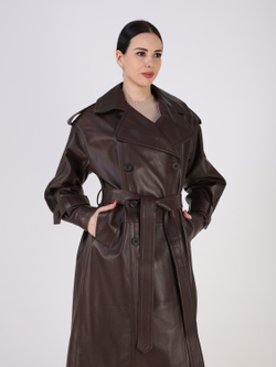 Тренч длинный кожаный с поясом плащ