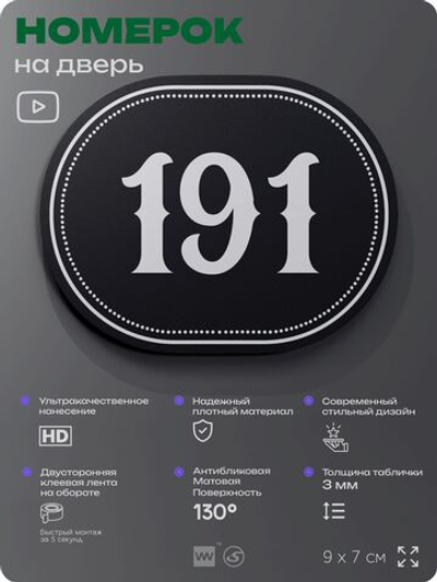 Номерок на дверь квартиры 191, для кабинета, офиса, шильдик 9 х 7 см, черный, Айдентика Технолоджи