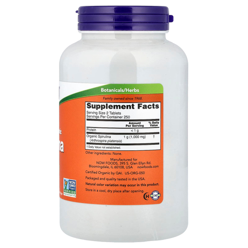NOW Foods, сертифицированная органическая спирулина, 500 мг, 500 таблеток