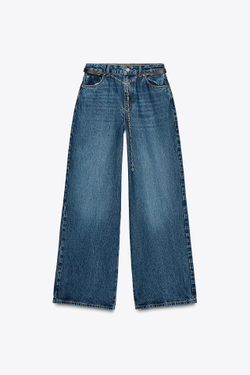 ZARA ДЖИНСЫ Z1975 WIDE-LEG С РЕМНЕМ И ЦЕПОЧКОЙ, ВЫЦВЕТШИЙ СИНИЙ