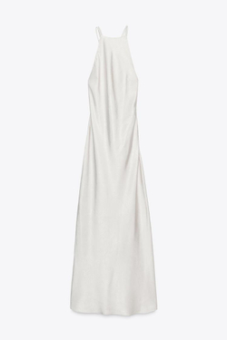 ZARA АТЛАСНОЕ ПЛАТЬЕ МИДИ С ОТКРЫТОЙ СПИНОЙ, СЕРЕБРИСТЫЙ
