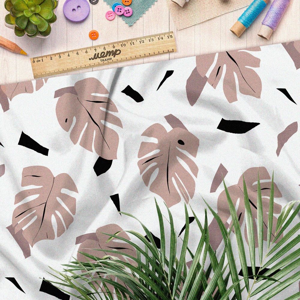 Ткань таффета листья монстеры пудровые