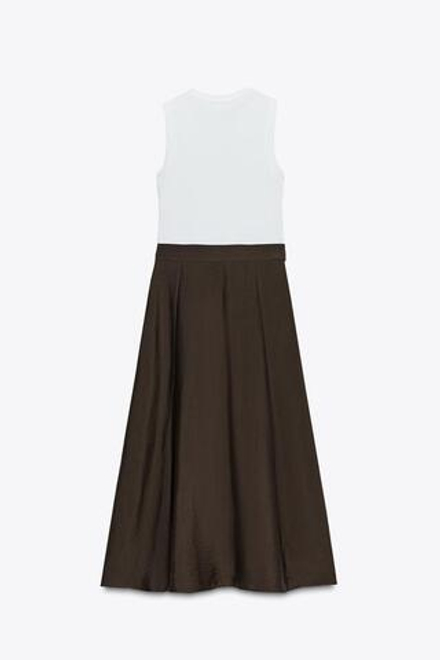 ZARA КОМБИНИРОВАННОЕ ПЛАТЬЕ-МИДИ С РЕМНЕМ, КОРИЧНЕВЫЙ/БЕЛЫЙ