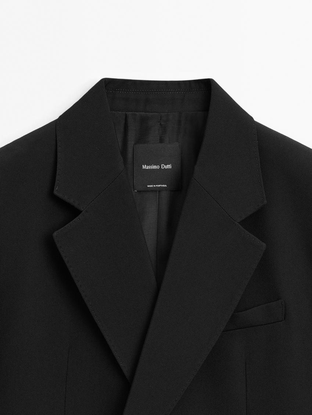 Massimo Dutti Двубортный укороченный блейзер из смесовой шерсти, черный