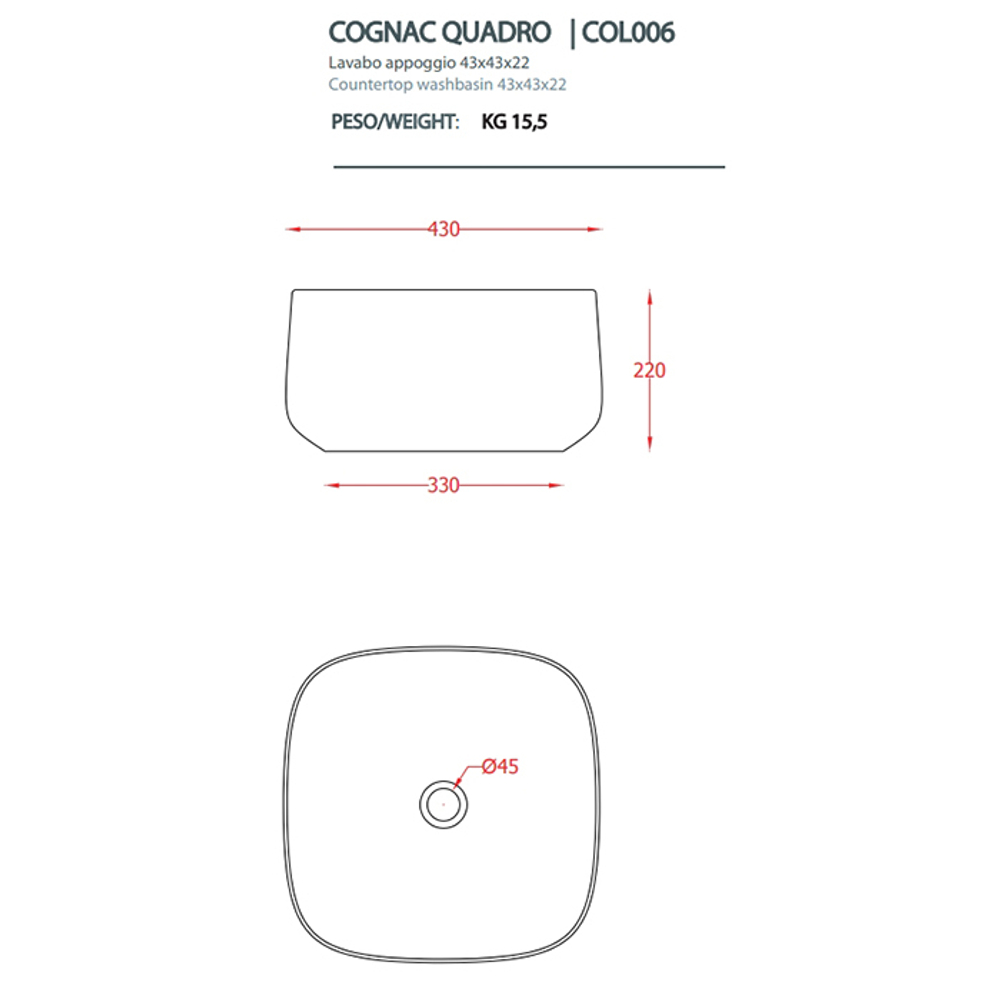 Раковина Artceram Cognac COL006 05 00 накладная 43 см, цвет белый матовый