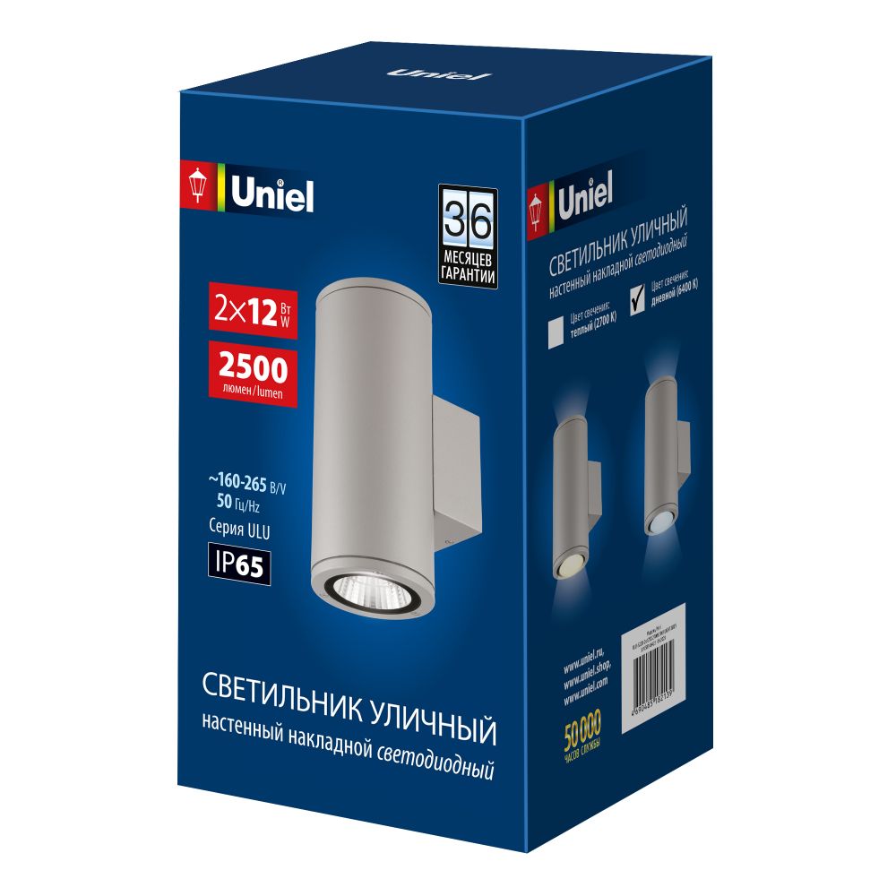 ULU-S22D-2x12W/6400K IP65 LIGHT GREY Светильник светодиодный уличный. Архитектурный накладной. Дневной свет (6400K). Корпус светло-серый. TM Uniel