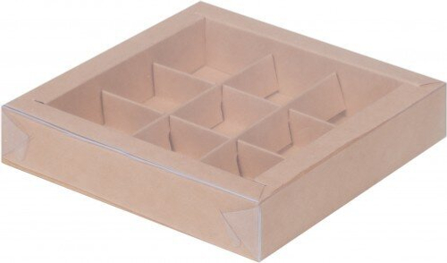 Коробка для конфет 9 шт с пластиковой крышкой 155*155*30 мм (крафт)