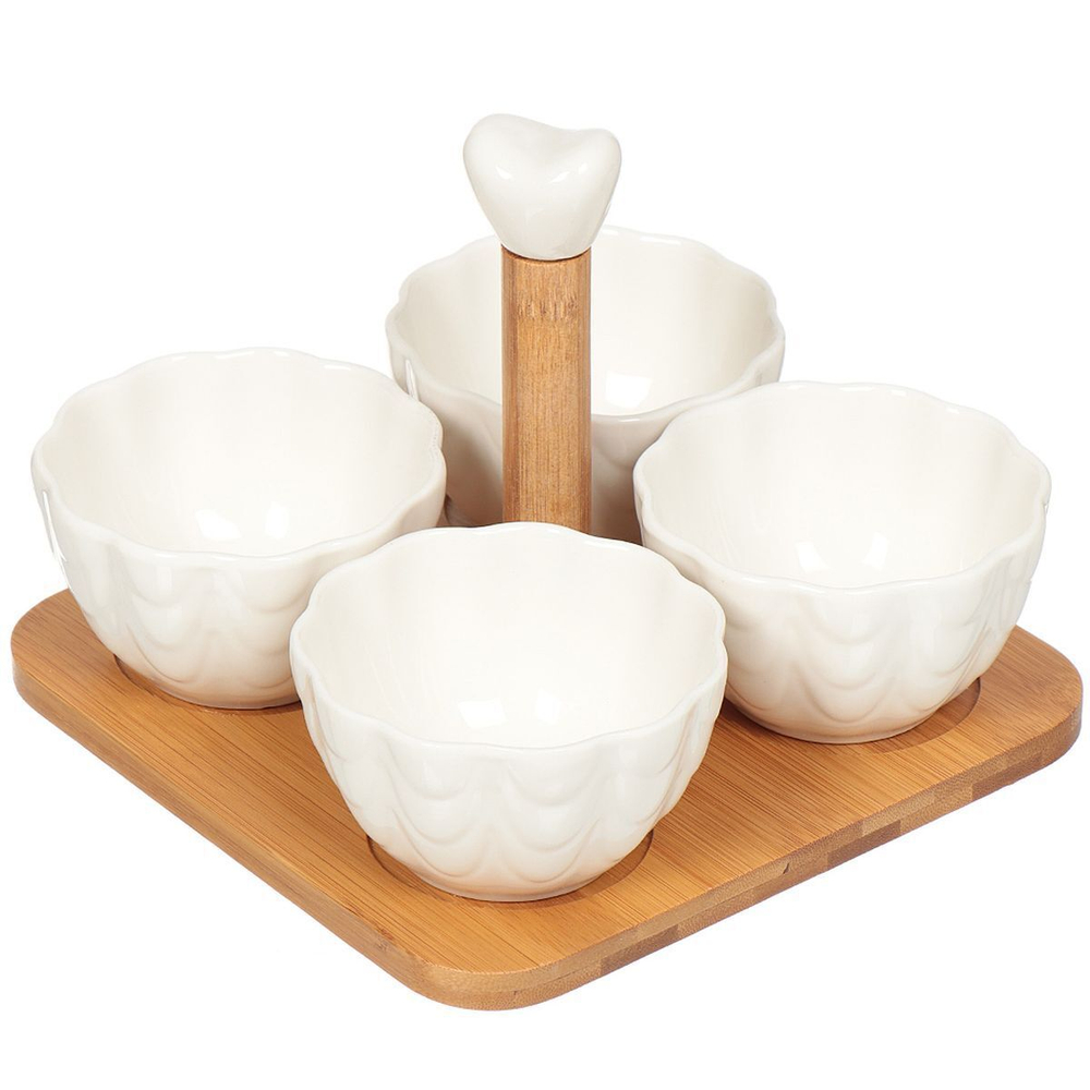 Салатник керам, кругл, 4 шт, 15х19х19 см, бамбуковая подставка, подар уп