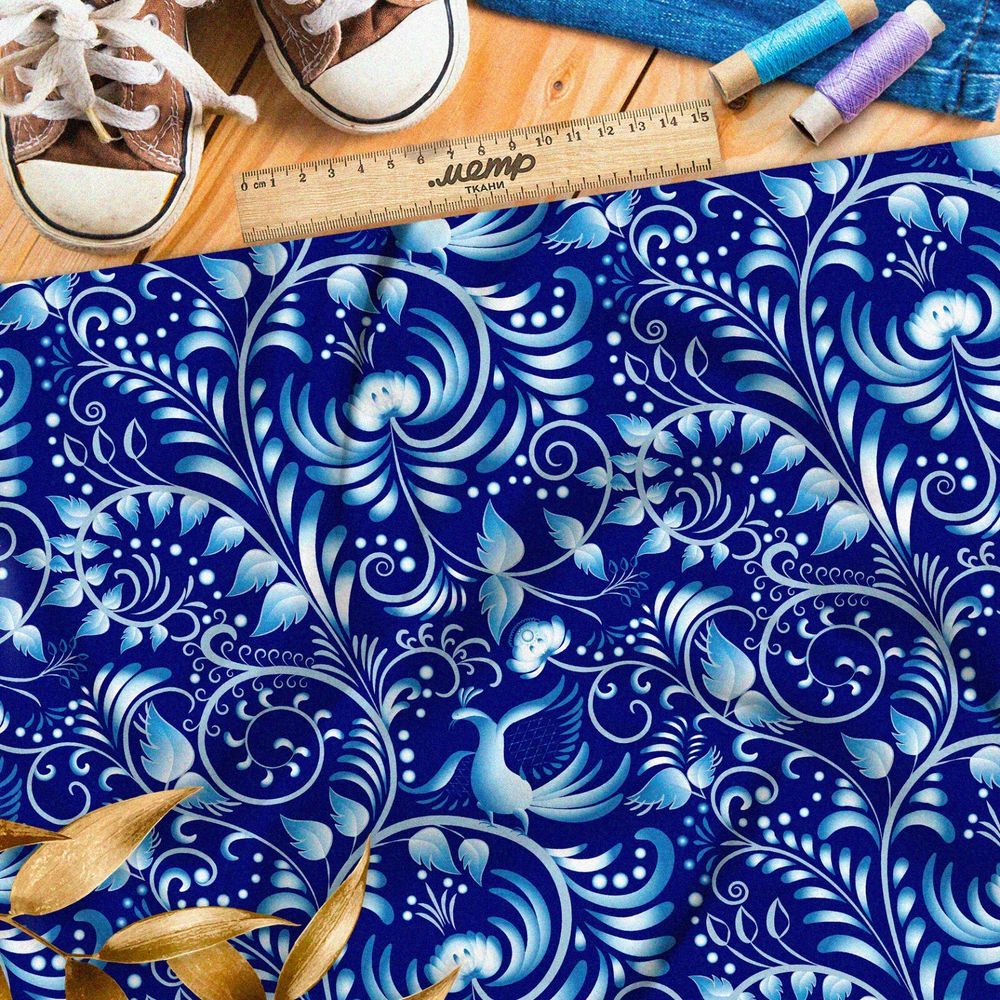 Ткань дюспо тонкая гжель на синем фоне