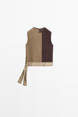 Massimo Dutti Комбинированный льняной топ, коричневый
