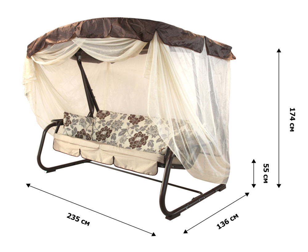 Качели садовые OLSA 3-х местные Турин меб.ткань(каркас коричневый, м/э бежевый рис.цветы)1 уп.