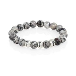 Браслет Защита и сила из натуральной серой яшмы с рунами Альгиз, Уруз и Тейваз из серебра 925