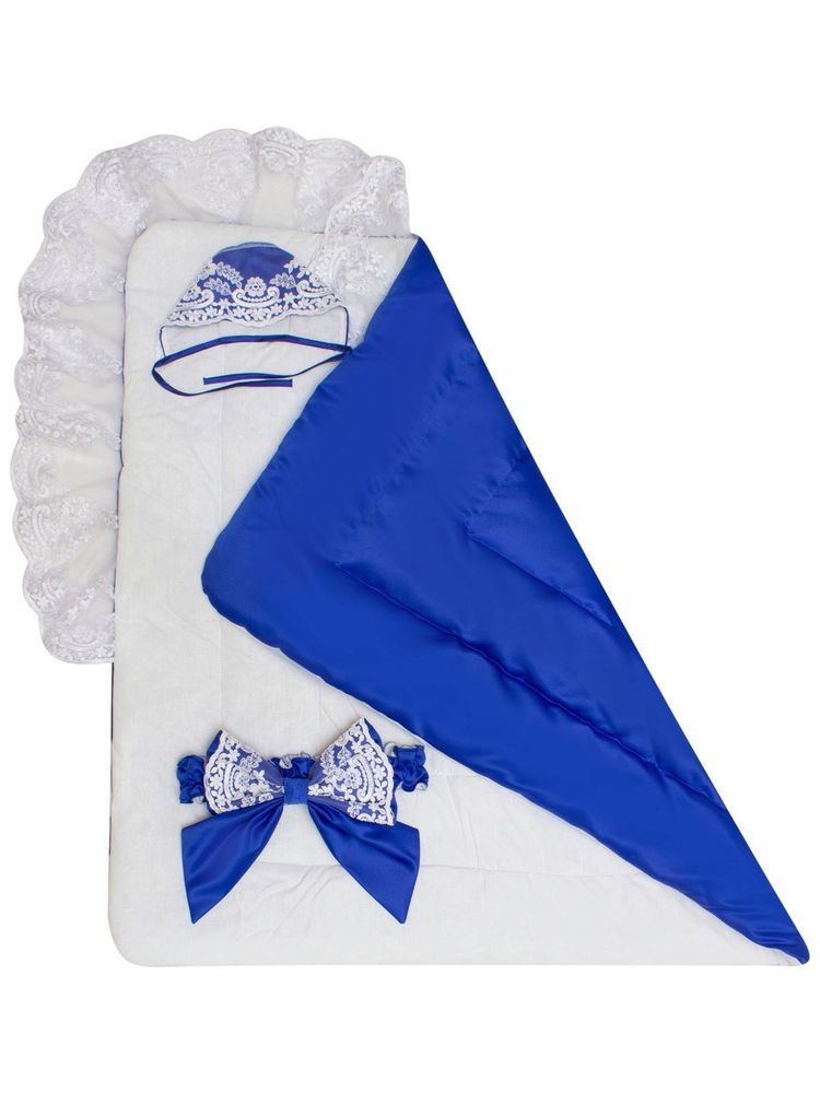 Зимний конверт-одеяло на выписку &quot;Венеция&quot; (синий с белым кружевом) без пледа