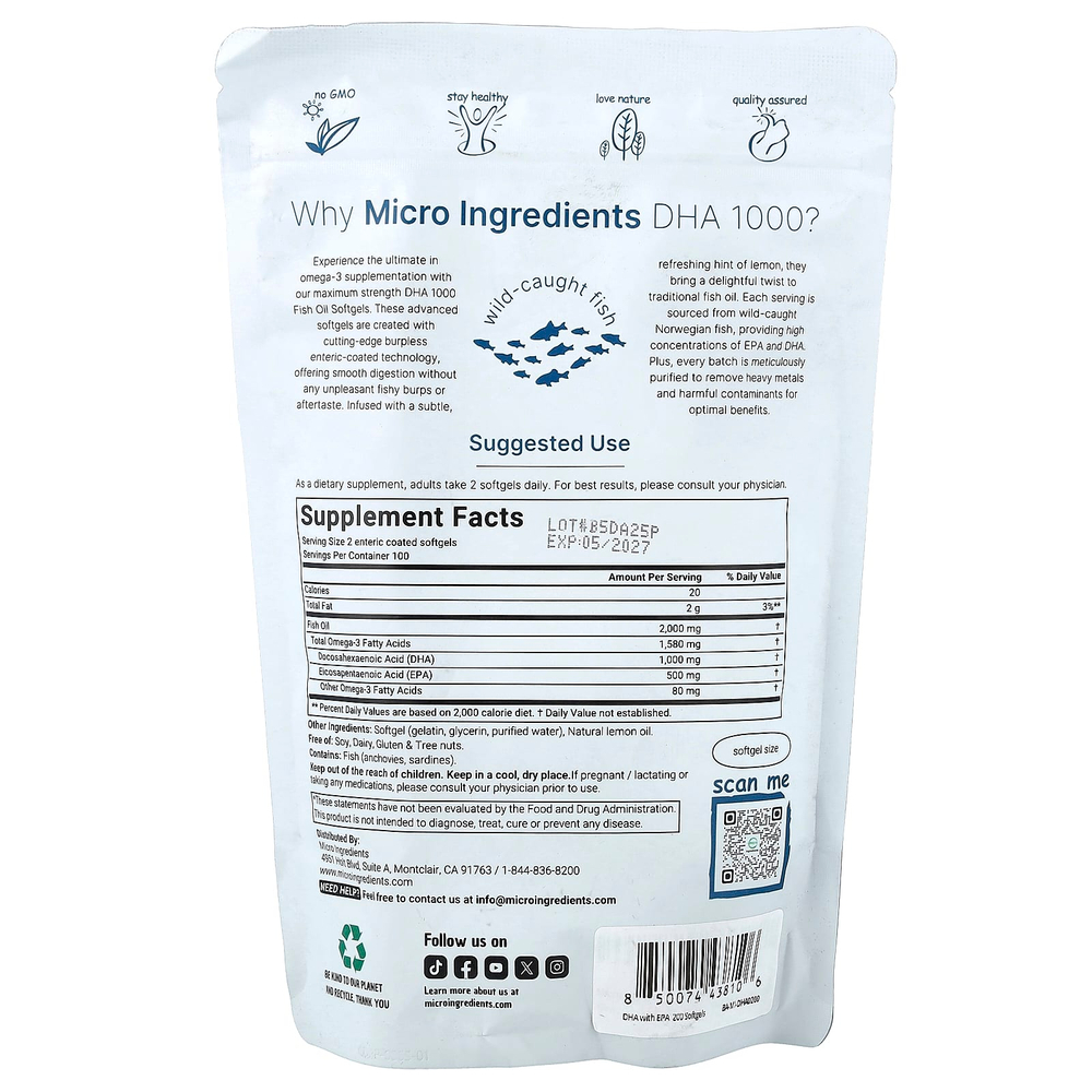 Micro Ingredients, ДГК 1000, со вкусом лимона, 200 капсул, покрытых кишечнорастворимой оболочкой