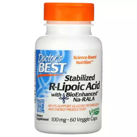 Doctor's Best, Cтабилизированная R-липоевая кислота, Stabilized R-Lipoic Acid 100 mg, 60 вегетарианских капсул