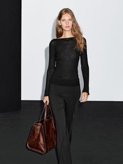 Massimo Dutti Топ из 100% хлопка с рельефным узором и длинными рукавами, черный