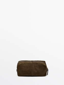 Massimo Dutti Косметичка из замшевой кожи на молнии, хаки
