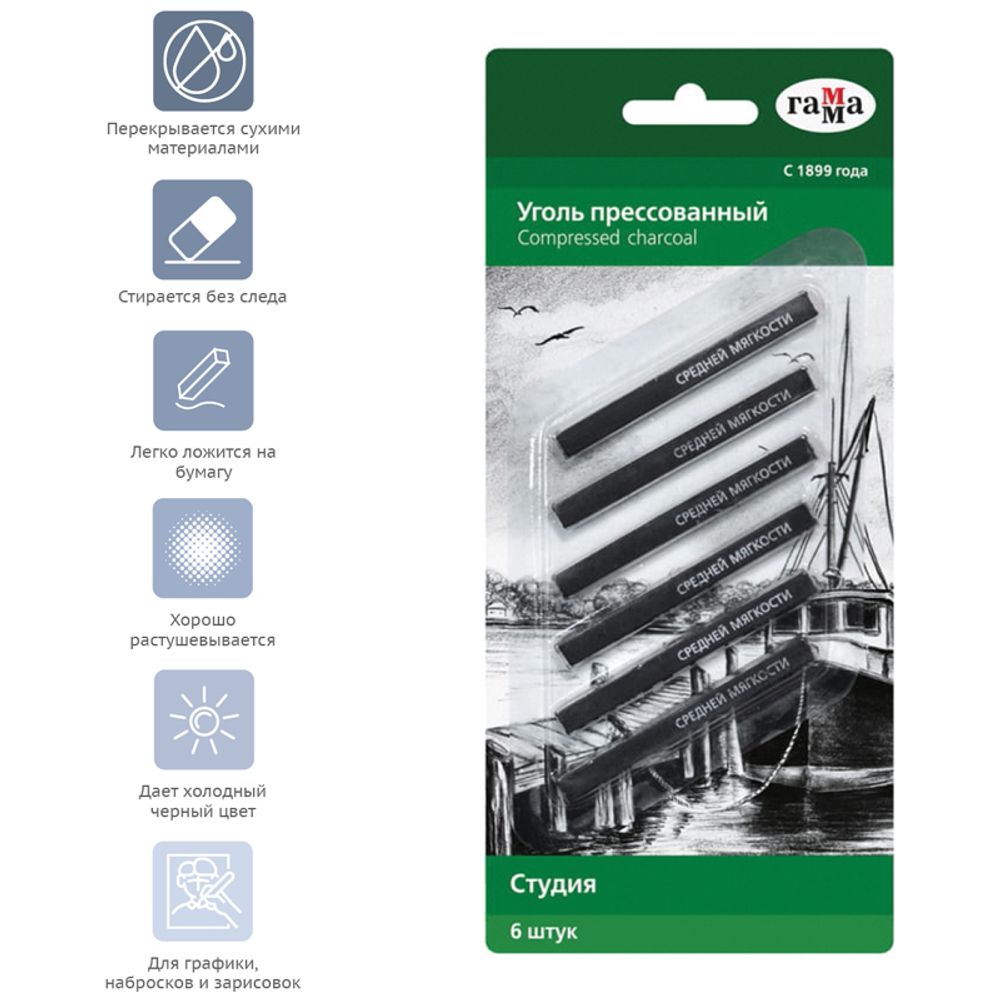 Уголь натуральный  для рисования Гамма Студия, виноградный, средней мягкости, квадратный, 6шт упак
