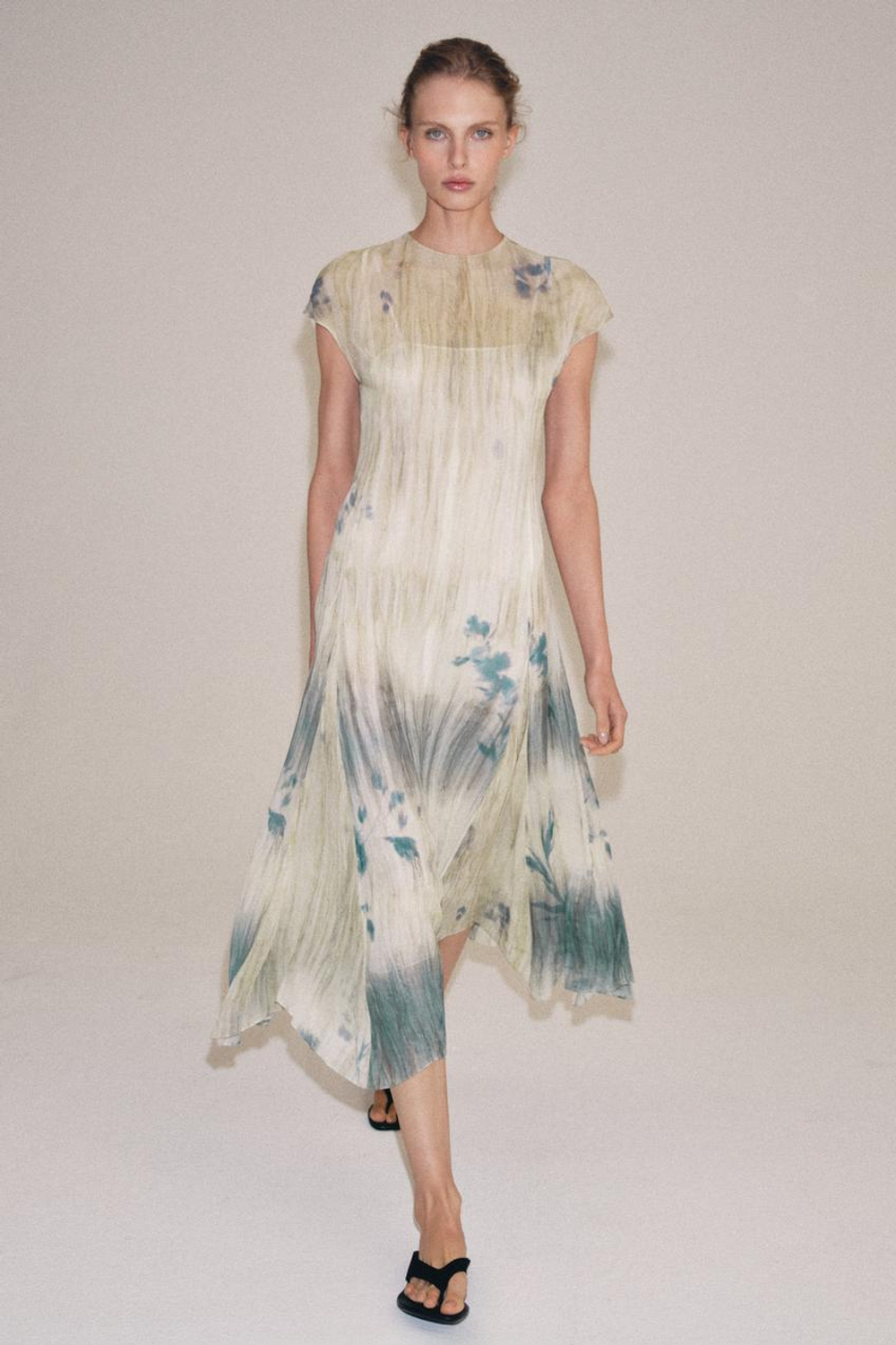 ZARA ПЛАТЬЕ МИДИ С ПРИНТОМ — ZW COLLECTION, ЭКРЮ/СИНИЙ