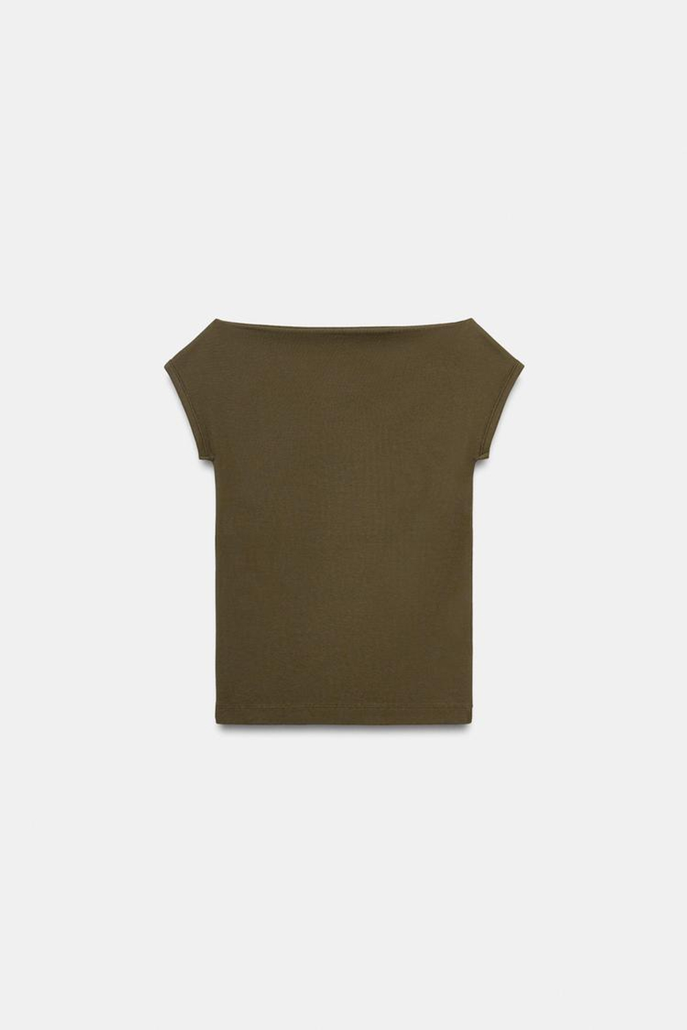 ZARA ФУТБОЛКА С ВЫРЕЗОМ ЛОДОЧКОЙ, ХАКИ