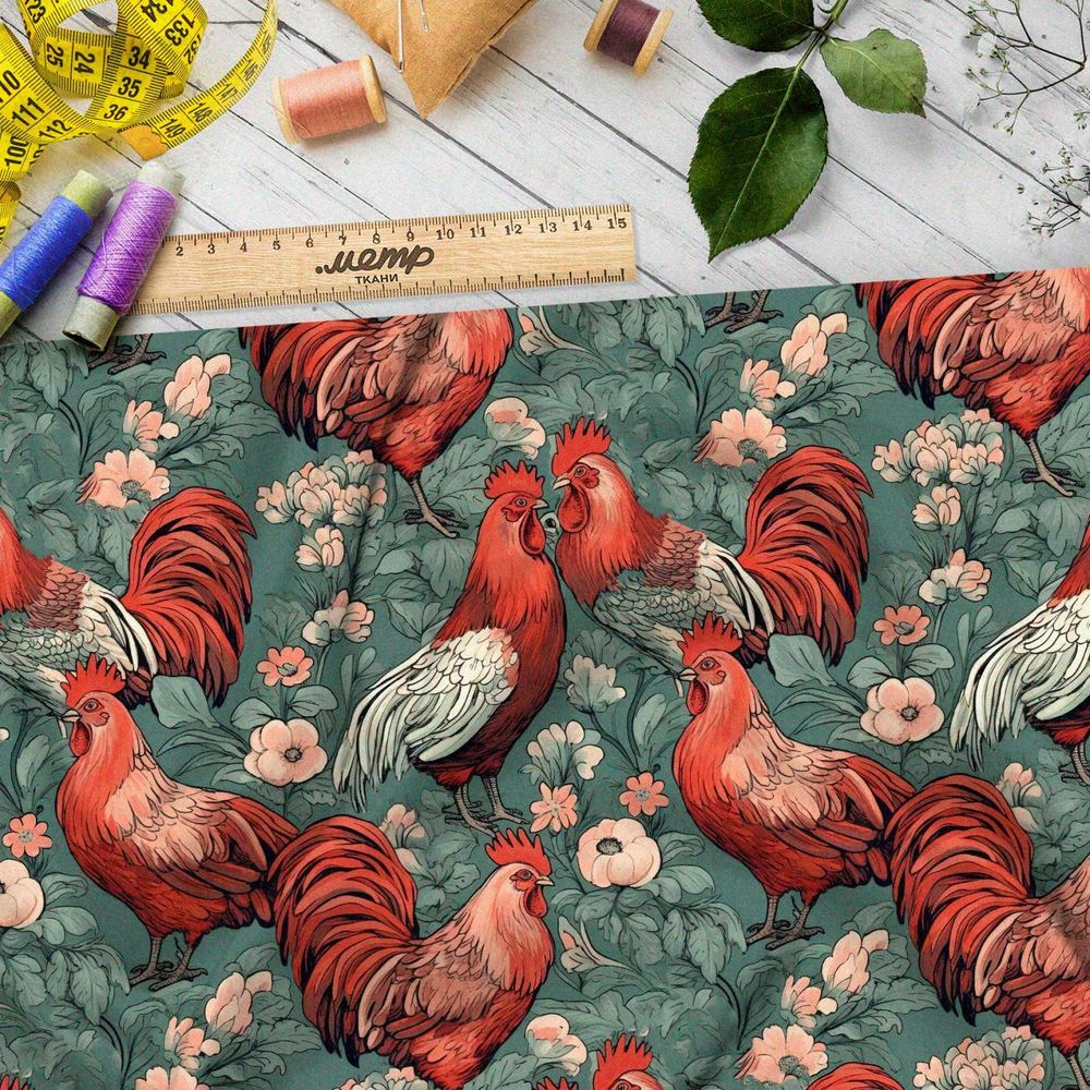 Ткань премиум таффета эффектные петухи