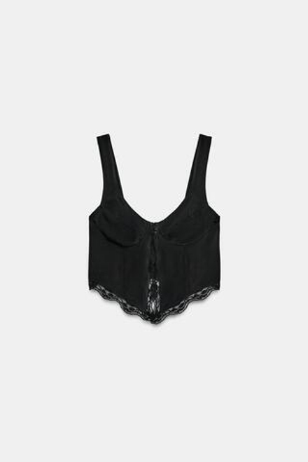 ZARA ТОП ИЗ ПОЛИАМИДА С КРУЖЕВОМ И ПУГОВИЦАМИ, ЧЕРНЫЙ