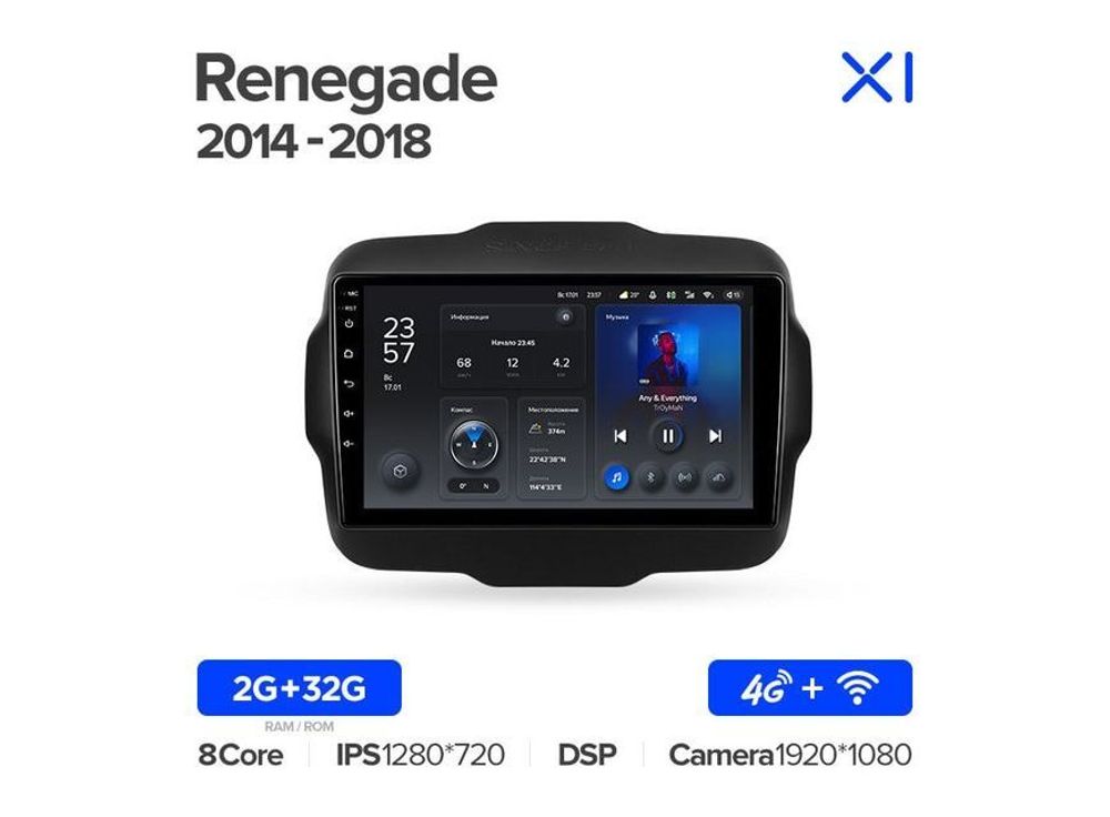 Магнитола Teyes X1 2-32 Wi-Fi + 4G Jeep Renegade 2014 — 2018 9.0&quot;