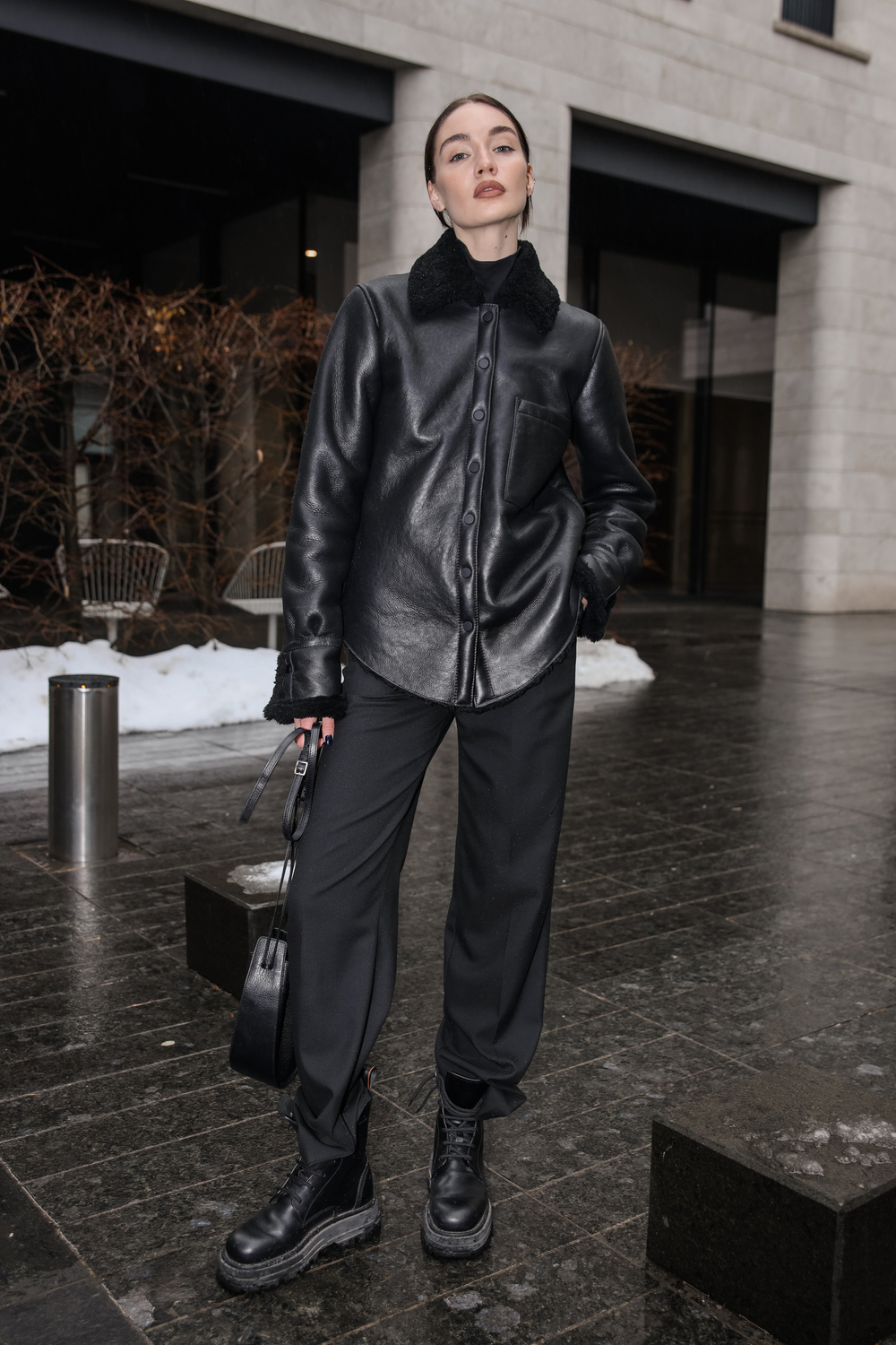 Рубашка - дубленка кожаная черная