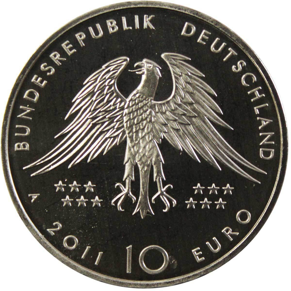 10 евро. 150 лет открытию Археоптерикса (А). Германия. Медноникель. 2011 год
