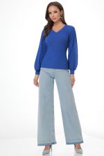 Джемпер васильковый в рубчик с пышными рукавами DStrend (Акция)