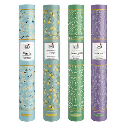NEW GALAXY Аромапалочки с подставкой в тубе 20 шт, 4 аромата, лаванда, цитрус, лемонграсс, ваниль