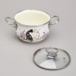 КАСТРЮЛЯ AGNESS ЭМАЛИРОВАННАЯ СО СТЕКЛЯННОЙ КРЫШКОЙ СЕРИЯ "LAVENDER CATS", 2,0 Л ДИА. 18СМ