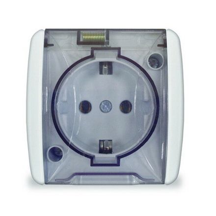 Розетка одноместная с крышкой "UNIVersal" серия "Клио", IP54, с/з, о/у, 16А, 220В, белая (еврослот)