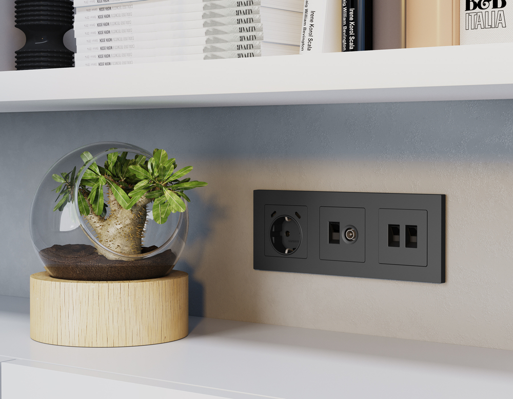 MA912110 Комплект механизма компьютерной двойной розетки RJ-45 с автоматической защитной шторкой ALFA Графит мягкое касание QUANT (AP9121, VM189)