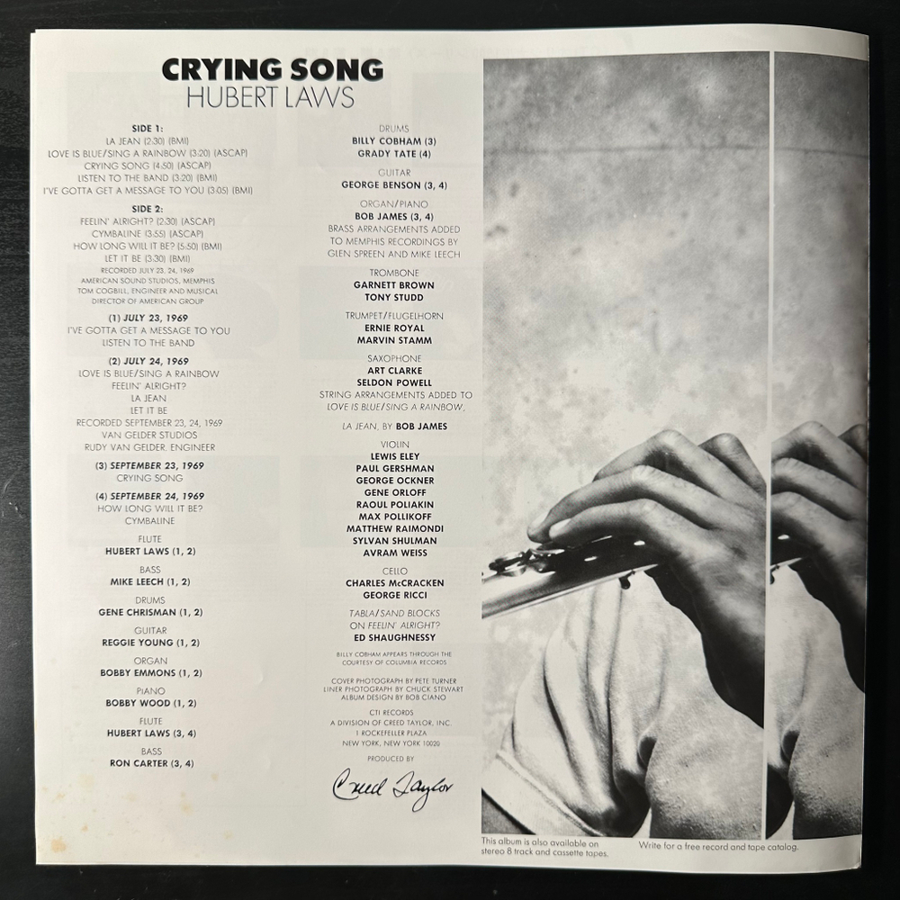 Hubert Laws ‎– Crying Song (Япония 1980г.)
