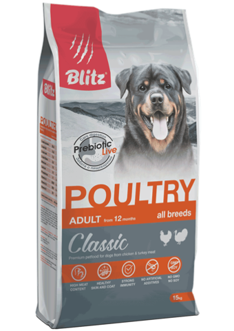 Сухой корм для собак всех пород BLITZ ADULT DOG POULTRY, домашняя птица, 15 кг