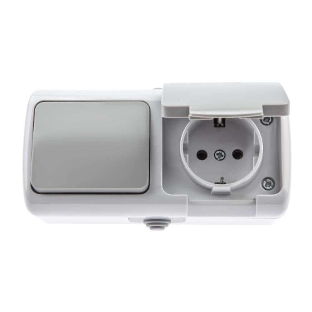 Блок розетка с выключателем Intro Atlantic 5-701-03 одноклавишным 2P+E 10-16А-250В гориз. открытой установки IP54 серый | Intro