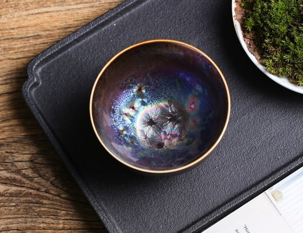 278088.2 Пиала ТЯНЬМУ "Павлинья глазурь" в крафт короб h=4,8см,d=8,3см, 135мл, керамика  корич/перл