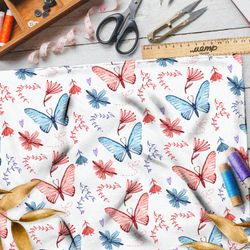 Ткань дюспо голубые и розовые бабочки на белом фоне