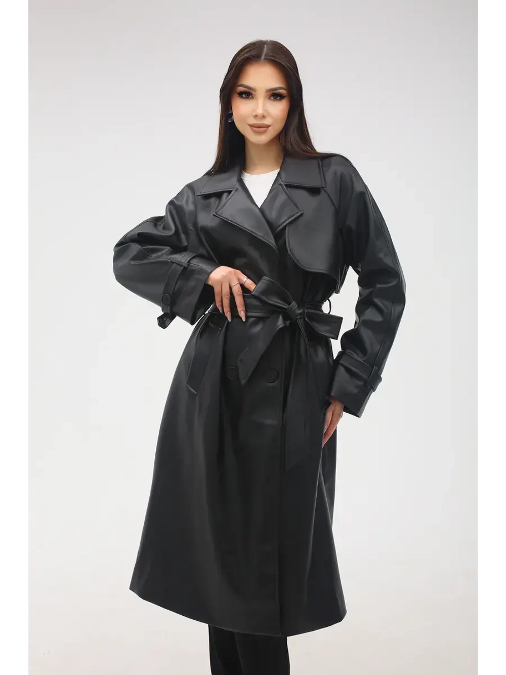 Тренч кожаный длинный оверсайз плащ