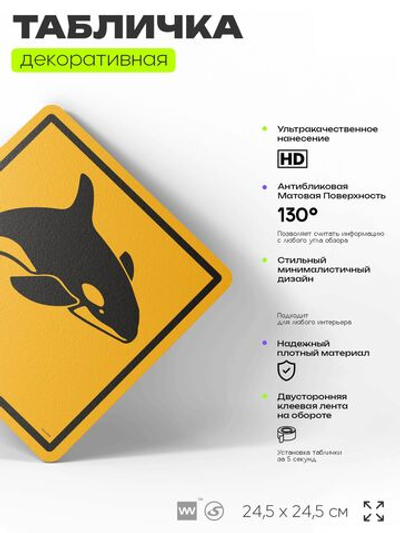 Табличка прикольная "Осторожно, кит" на дверь и стену, информационная и предупреждающая, декоративный знак, 24,5х24,5 см, пластиковая, Айдентика Технолоджи