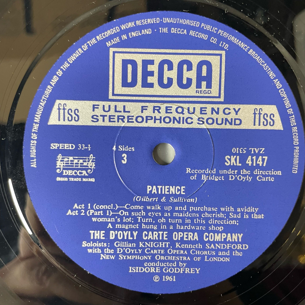 Винтажная виниловая пластинка LP Gilbert and Sullivan, The D'Oyly Carte Opera Company Опера Patience Терпение (With Complete Dialogue) (Англия 1961)